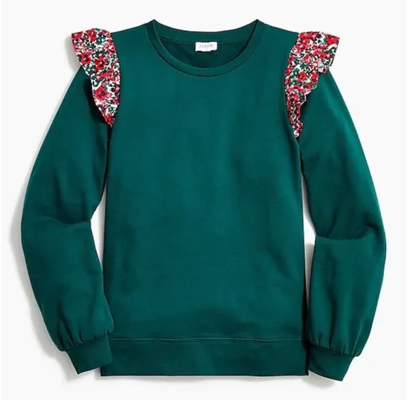 NWT J Crew green sweatshirt with floral ruffle XS - Picture 1 of 6